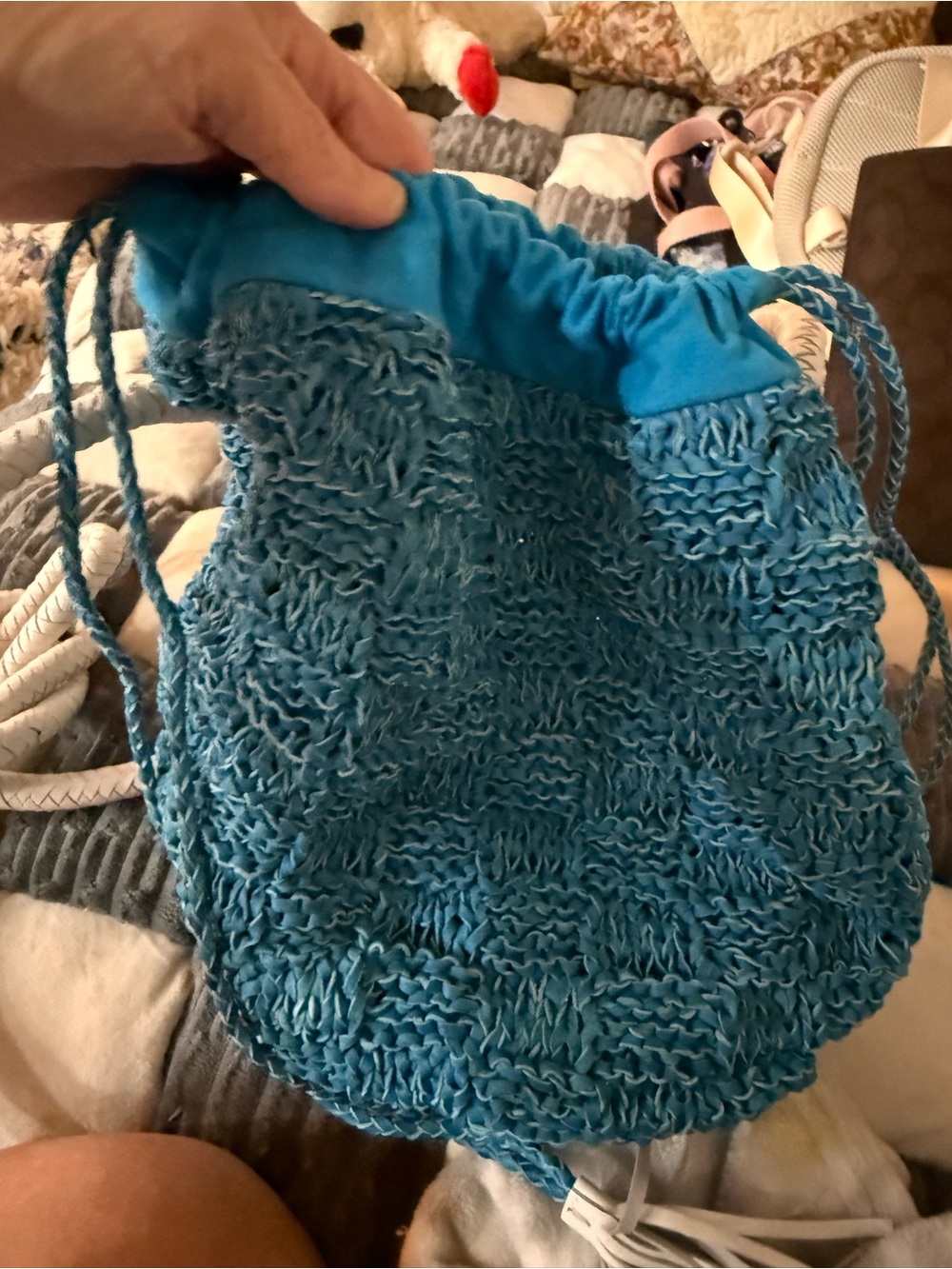 NWOT Sophie Anderson Blue Handwoven Bucket Bag White Rope Strap Resort Beach